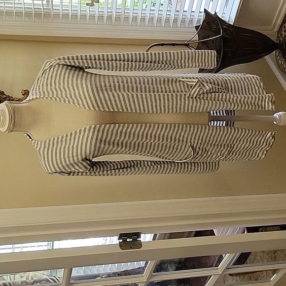 Loft gray white stripe long open front cardigan long sl 2 pocket stretch XS EUC… - Picture 1 of 5